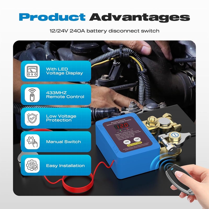 Malictele Kill Switch for Car, 12V 240A Remote Battery Disconnect Switch with Led Voltage Display Car Kill Switch Anti Theft Automatic Cut/Shut Off Switch for Auto Truck Marine RV ATV Boat - Image 3